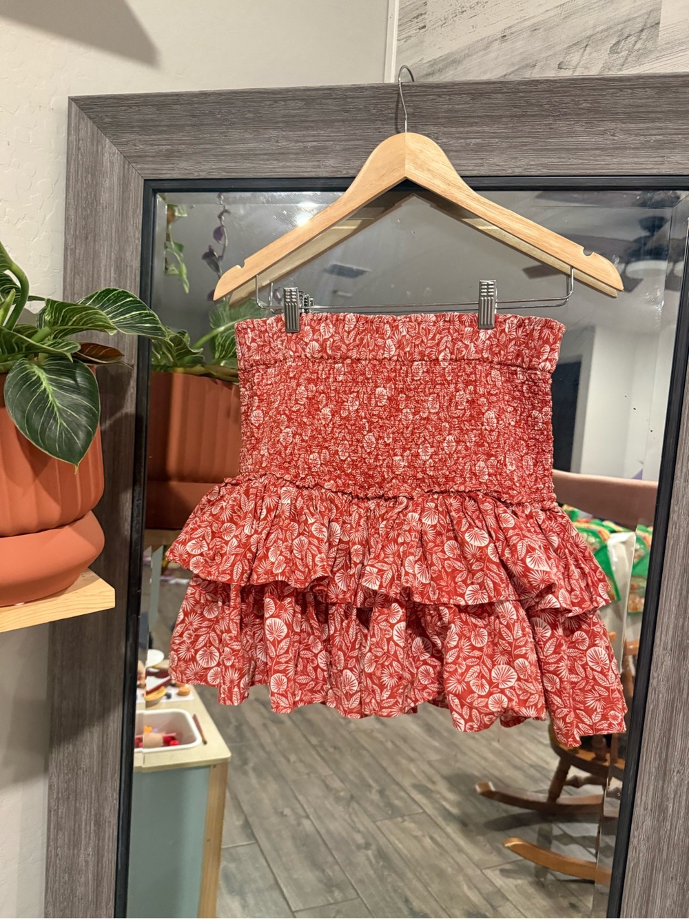 LOFT Red Floral Smocked Tiered Mini Skirt